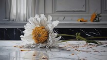 A Daisy Flower Outside The Vase, Dying In The Drought. Discarded Flowers, Drama, Grief Concept. White Daisy Flower On White Table 