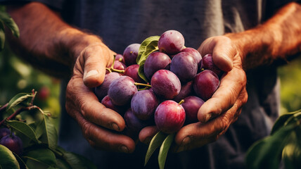 Wall Mural - Close up of farmer hands harvesting plum fruit