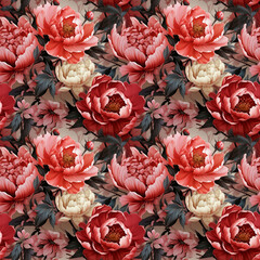 Wall Mural - Watercolor illustration: seamless colorful pattern of peony flowers with leaves. Generative ai. Vintage botanical pattern in oriental style.