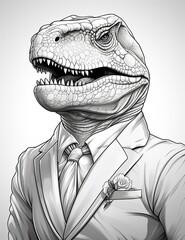 A drawing of a t-rex wearing a suit and tie. Generative AI.