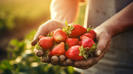 Wall Mural - Close up of farmer hands harvesting strawberry 