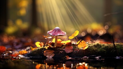 Wall Mural - close up leaves  and mushroom grow on ground with sunlight and bokeh, peaceful Autumn and fall season  foliage wallpaper background, Generative Ai