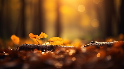 Wall Mural - close up falled leaves on ground with sunlight and bokeh, peaceful Autumn and fall season foliage wallpaper background, Generative Ai