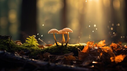 Wall Mural -  close up leaves and mushroom grow on ground with sunlight and bokeh, peaceful Autumn and fall season foliage wallpaper background, Generative Ai