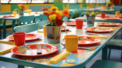 Wall Mural - March 09 2022 neftekamsk russia lunch at a kindergarten in russia table. Generative Ai
