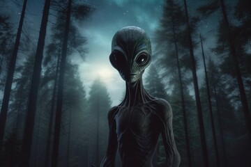 A black alien stands against the backdrop of a dark forest at night, AI generated