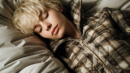 Sticker - Portrait of a young blond woman with short hair sleeping in a bed with morning light