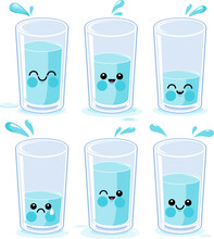 Cartoon Glasses Of Water. Vector Illustration Set