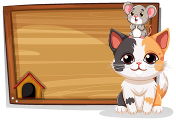 Canvas Print - Cute cat and rat next to wooden board banner