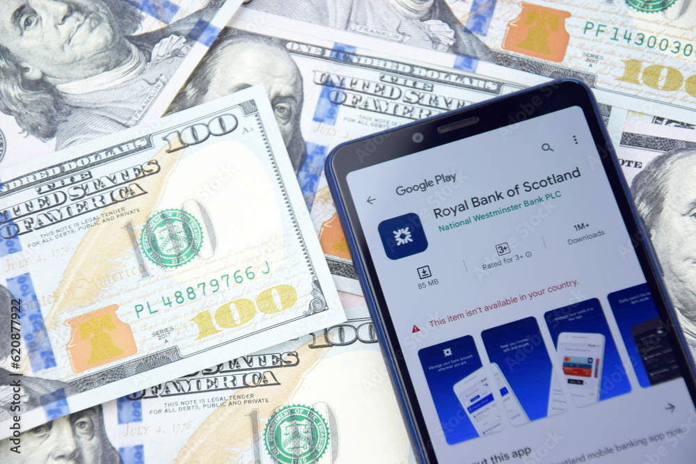 Royal Bank of Scotland mobile banking app on smartphone screen. Stock ...