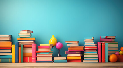 Colorful books collection on classroom background. Generative Ai