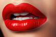 Close up of a woman's beautiful lips, wearing bright red glossy lipstick or lip gloss. Cropped image of a woman's face, red lipstick. Generative AI 3d render illustration imitation.