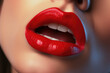 Close-up of a woman's beautiful lips, wearing bright red glossy lipstick or lip gloss. Cropped image of a woman's face, red lipstick. Generative AI 3d render illustration imitation.