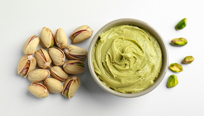 Wall Mural - Bowl of creamy pistachio butter and nuts on white background, top view