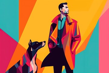 Wall Mural - a guy and a dog may be seen on a multicolored backdrop with the man in the front.