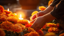 Close-up Of Hands Lighting Candles Between Flowers On Graves, Representing The Act Of Remembrance. Generative Ai.