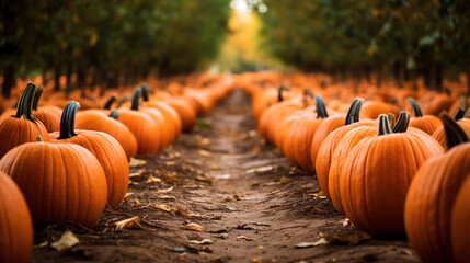 pumpkin patch with rows of orange pumpkins ready for carving. ripe pumpkins in a farmer's field. gen
