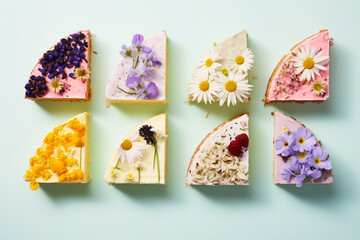 Wall Mural - slices of cake decorated with wild flowers top view flat lay on pastel background, AI generated