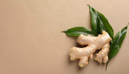 Poster - Fresh ginger with green leaves on light pale brown background, flat lay. Space for text