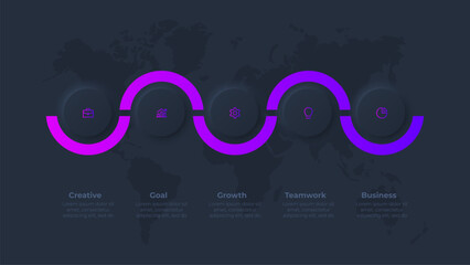 Neumorphic infographic on the dark background. Five circles with curved lines on a background with a map of the earth