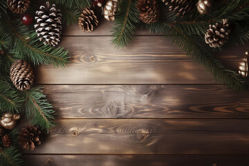 Christmas composition. Christmas fir tree branches, gifts, pine cones on wooden white rustic background. Flat lay, top view. Copy space. Banner backdrop. Generative AI