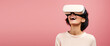 © dinastya - Joyful young woman smiling in white virtual reality glasses isolated on flat pastel pink background with copy space. Happy girl in the VR glasses. Generative AI  studio photo.