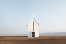 Small White Church In The Middle Of The Desert With A Blue Sky