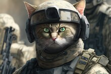 Close-up Portrait Face Of Soldier Cat,army. Cat With Green-blue Eyes. Military Forces, Game. Cat Soldier In  Protective Suit, Glasses, Camouflage Uniform. Brave Protector  Never Give Up. Generative AI