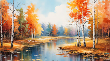 Wall Mural - Realistic autumn lake scenery. Generative Ai