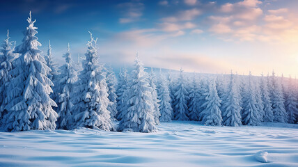 Wall Mural - Snow fall in winter forest. Christmas new year magic, Blue spruce. Generative Ai