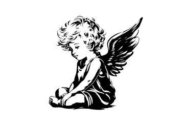 Wall Mural - Little angel vector retro style engraving black and white illustration. Cute baby with wings