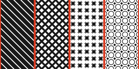 Poster - Set of 4 simple black and white patterns. Vector patterns of diagonals, dots, repeating pattern for the background.
