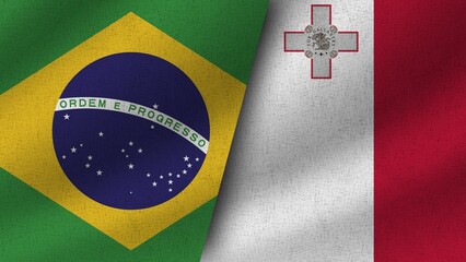 Malta and Brazil, Brasil Realistic Two Flags Together, 3D Illustration