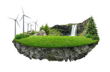 country road and green trees in summer. 3d illustration of a piece of green land with wind turbine isolated, creative travel and tourism off-road design. solar energy advertising.