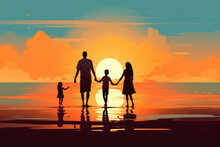 Family Walk On The Beach At Sunset Illustration Generative AI