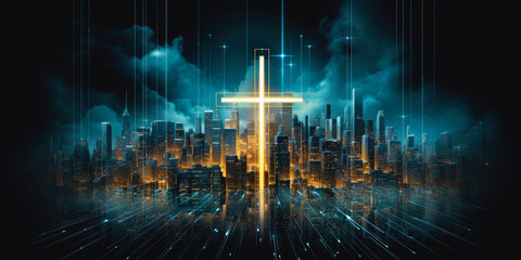 Wall Mural - Colorful painting art of an abstract digital background with cross. Christian illustration.