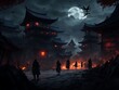 © ArtisticVoid - The Japanese village surrounded by mountain and lake after samurai battle fire flame destructive background - Generative Ai