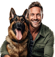Smiling Man With Happy German Shephard Dog Isolated On White Background As Transparent PNG