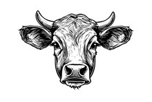 Cow Head With Horns Logotype Engraving Style Isolated Vector Illustration.