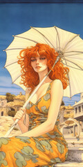 Wall Mural - summer lady vacation yellow dress beauty ginger with parasol - by generative ai