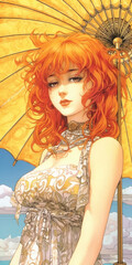 Wall Mural - summer lady vacation sensual beauty ginger with parasol - by generative ai