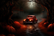 Halloween Car In The Dark Forest Glowing Red Pumpkins
