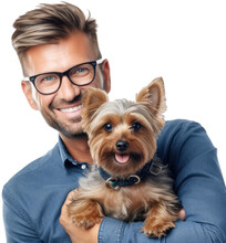 Portrait Of A Smiling Happy Young Man Holding A Yorkshire Terrier Dog Isolated On White Background As Transparent PNG