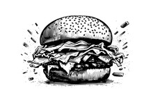Burger Engraving Style Art. Hand Drawn Vector Illustration Of Hamburger.