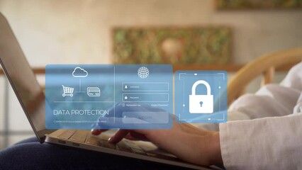 Woman working in the office and doing online payment with digital wallet and secure login, safety Data protection, VPN, virtual private network, Internet cyber security, Cyber crime protection