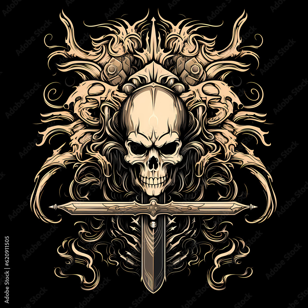 Skull and Sword tshirt tattoo design dark art illustration isolated on ...