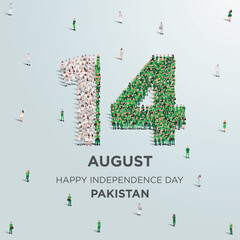 Happy Independence Day Pakistan. A large group of people form to create the number 14 as Pakistan celebrates its Independence Day on the 14th of August. Vector illustration.