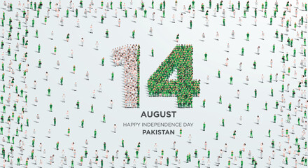 Wall Mural - Happy Independence Day Pakistan. A large group of people form to create the number 14 as Pakistan celebrates its Independence Day on the 14th of August. Vector illustration.