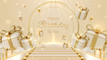 Poster - Corridor down stairs with gift box ornament and balloons elements arounds with ribbons and glitter light effect decoration and bokeh. Happy birthday background.