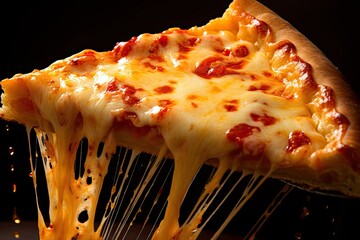 Close-up of a cheese pizza slice being lifted, showcasing the stretchy cheese. Generative AI